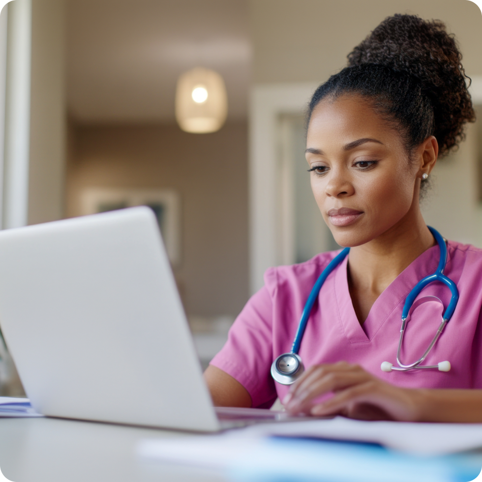 A travel nurse uses her laptop. to search for a job with FlexCare