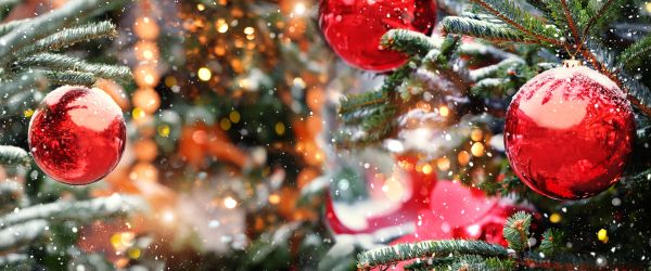 Red ornaments on christmas tree