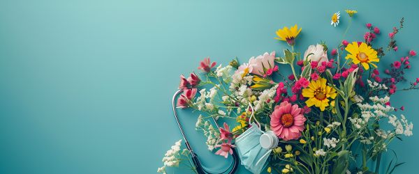 Stethoscope on blue background with flowers