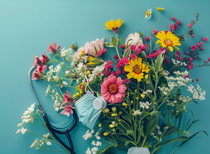 Stethoscope on blue background with flowers
