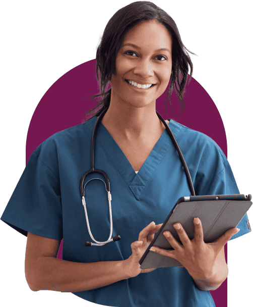 A FlexCare clinician smiles as they search for a new job assignment